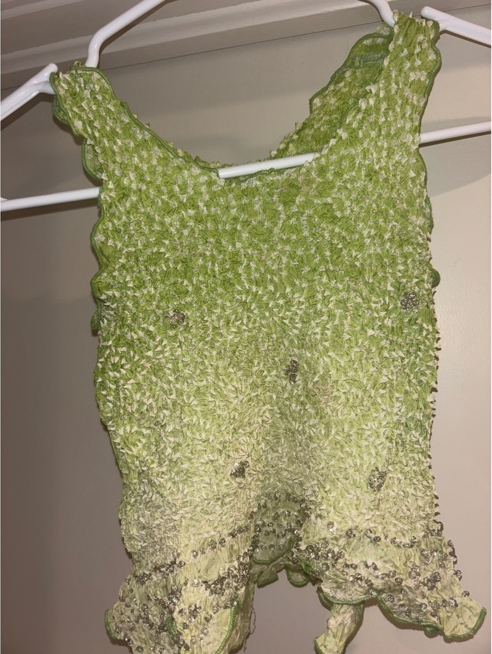 Chaudry KS Beaded Smocked Tank Top Green Stretch Ruffle Y2K Boho Medium